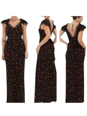 Rumored Frontier Floral Maxi Dress Spanish Poppy Black and Orange Small New